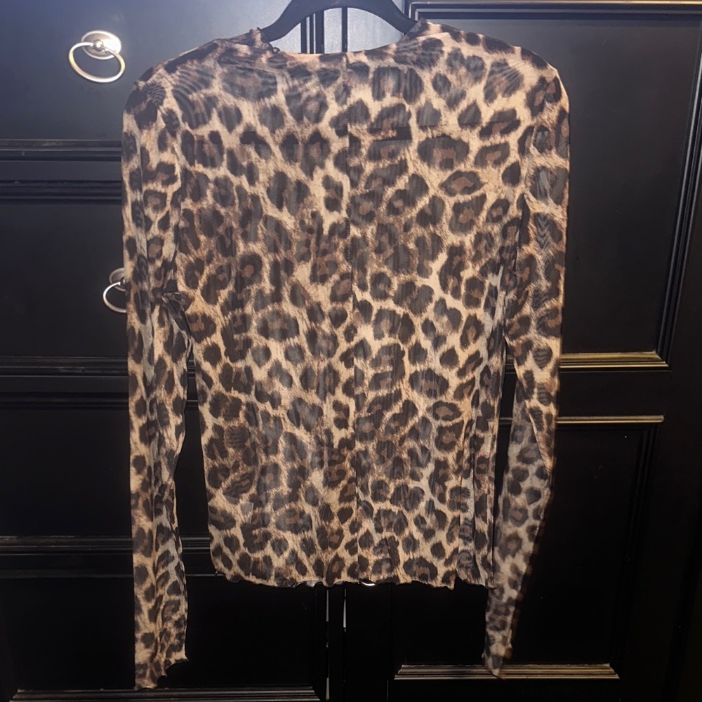 BiBi Leopard Cheetah Animal Print Long Sleeve Top - Brown Black Mesh Large